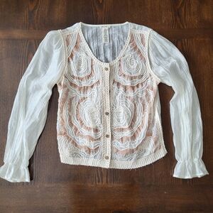 Ultra Pink Sheer Cream Boho Embroidered Cardigan